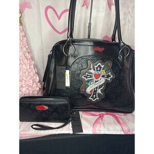 Ed Hardy Rhinestone Cross Satchel Handbag and Wallet
